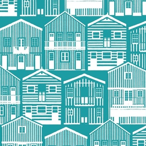 Large jumbo scale // Monochromatic Portuguese houses // peacock teal background white striped Costa Nova inspired houses