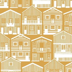 Large jumbo scale // Monochromatic Portuguese houses // rob roy yellow background white striped Costa Nova inspired houses