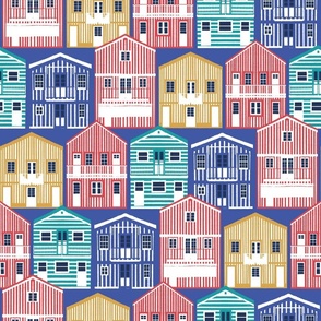 Normal scale // Colourful Portuguese houses // electric blue background rob roy yellow mandy red electric blue and peacock teal Costa Nova inspired houses