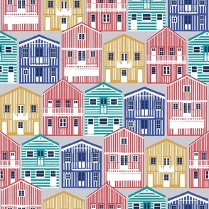 Normal scale // Colourful Portuguese houses // light grey background rob roy yellow mandy red electric blue and peacock teal Costa Nova inspired houses