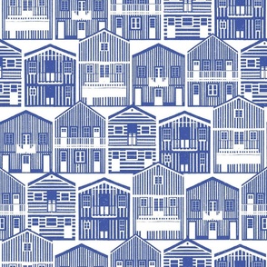 Normal scale // Monochromatic Portuguese houses // white background electric blue Costa Nova inspired houses