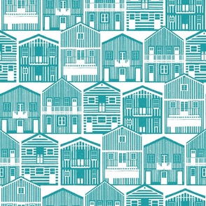 Normal scale // Monochromatic Portuguese houses // white background peacock teal Costa Nova inspired houses