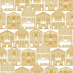 Normal scale // Monochromatic Portuguese houses // white background rob roy yellow Costa Nova inspired houses