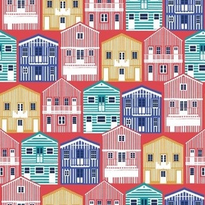 Small scale // Colourful Portuguese houses // mandy red background rob roy yellow mandy red electric blue and peacock teal Costa Nova inspired houses