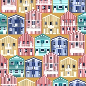 Small scale // Colourful Portuguese houses // rob roy yellow background mandy red electric blue and peacock teal Costa Nova inspired houses