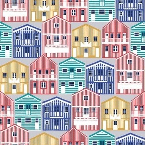 Small scale // Colourful Portuguese houses // light grey background rob roy yellow mandy red electric blue and peacock teal Costa Nova inspired houses