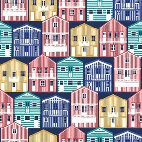 Small scale // Colourful Portuguese houses // navy blue background rob roy yellow mandy red electric blue and peacock teal Costa Nova inspired houses