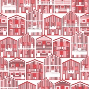 Small scale // Monochromatic Portuguese houses // white background mandy red Costa Nova inspired houses