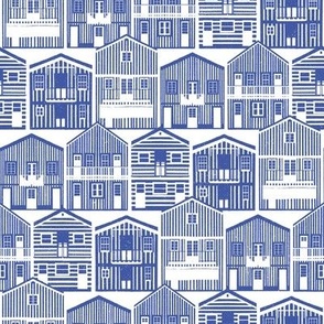 Small scale // Monochromatic Portuguese houses // white background electric blue Costa Nova inspired houses