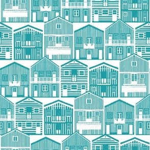 Small scale // Monochromatic Portuguese houses // white background peacock teal Costa Nova inspired houses