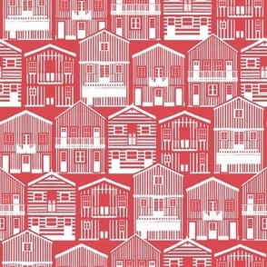 Small scale // Monochromatic Portuguese houses // mandy red background white striped Costa Nova inspired houses