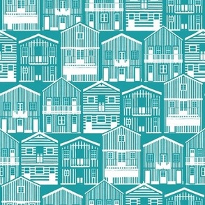 Small scale // Monochromatic Portuguese houses // peacock teal background white striped Costa Nova inspired houses