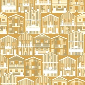 Small scale // Monochromatic Portuguese houses // rob roy yellow background white striped Costa Nova inspired houses