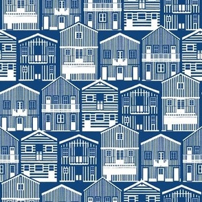 Small scale // Monochromatic Portuguese houses // classic blue background white striped Costa Nova inspired houses