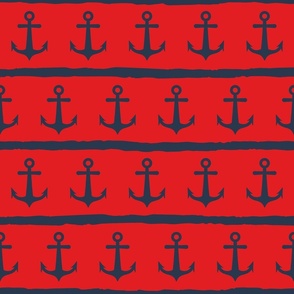 Large scale red and navy blue nautical anchor and stripes pattern