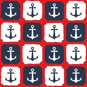 Large Nautical anchors navy blue white red plaid checkered