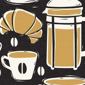 French Café - Block Print Coffee Black Golden Yellow Large Scale