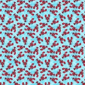 (micro scale)  lobsters - watercolor & ink nautical summer - red on light blue - C22