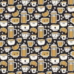 French Café - Block Print Coffee Black Golden Yellow Small Scale