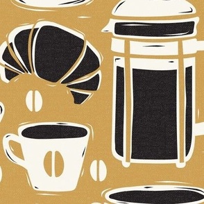 French Café - Block Print Coffee Golden Yellow Black Large Scale