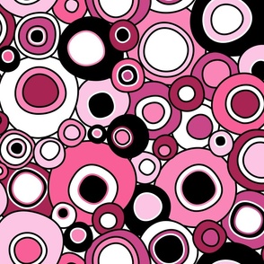 Mid Century Modern Overlapping Wobbly Circle Bits with Black Outlines  // Shades of Pink, Black and White // 333 DPI
