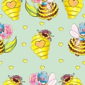Hand drawn watercolor bee girls at tea party pattern design