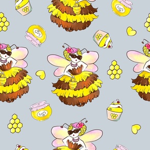 Hand drawn watercolor bee girls at tea party pattern design