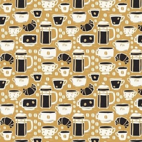 French Café - Block Print Coffee Golden Yellow Black Small Scale