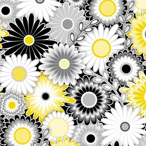 Modern Paper Cut Flowers // Yellow, Gray, Black and White // Medium Scale - 457 DPI