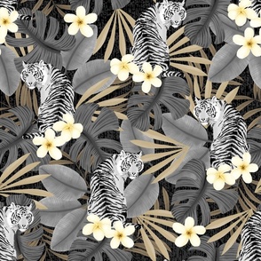 Tropical Tiger Hawaiian Palm Jungle in Gray and Taupe