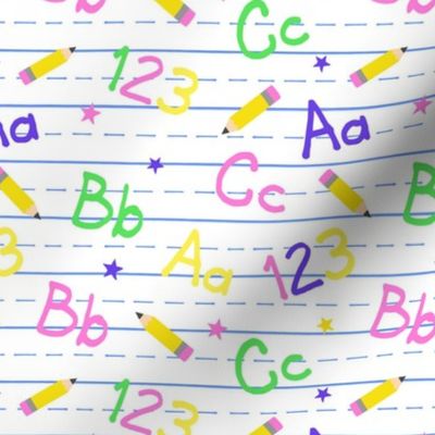 Alphabet and Numbers ABC 123 with stars pencils on notebook paper Pastel, Too Cool For School