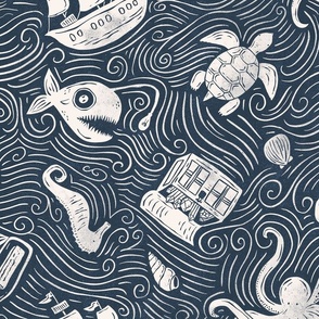 Underwater Ocean Adventure - navy and cream block print - large