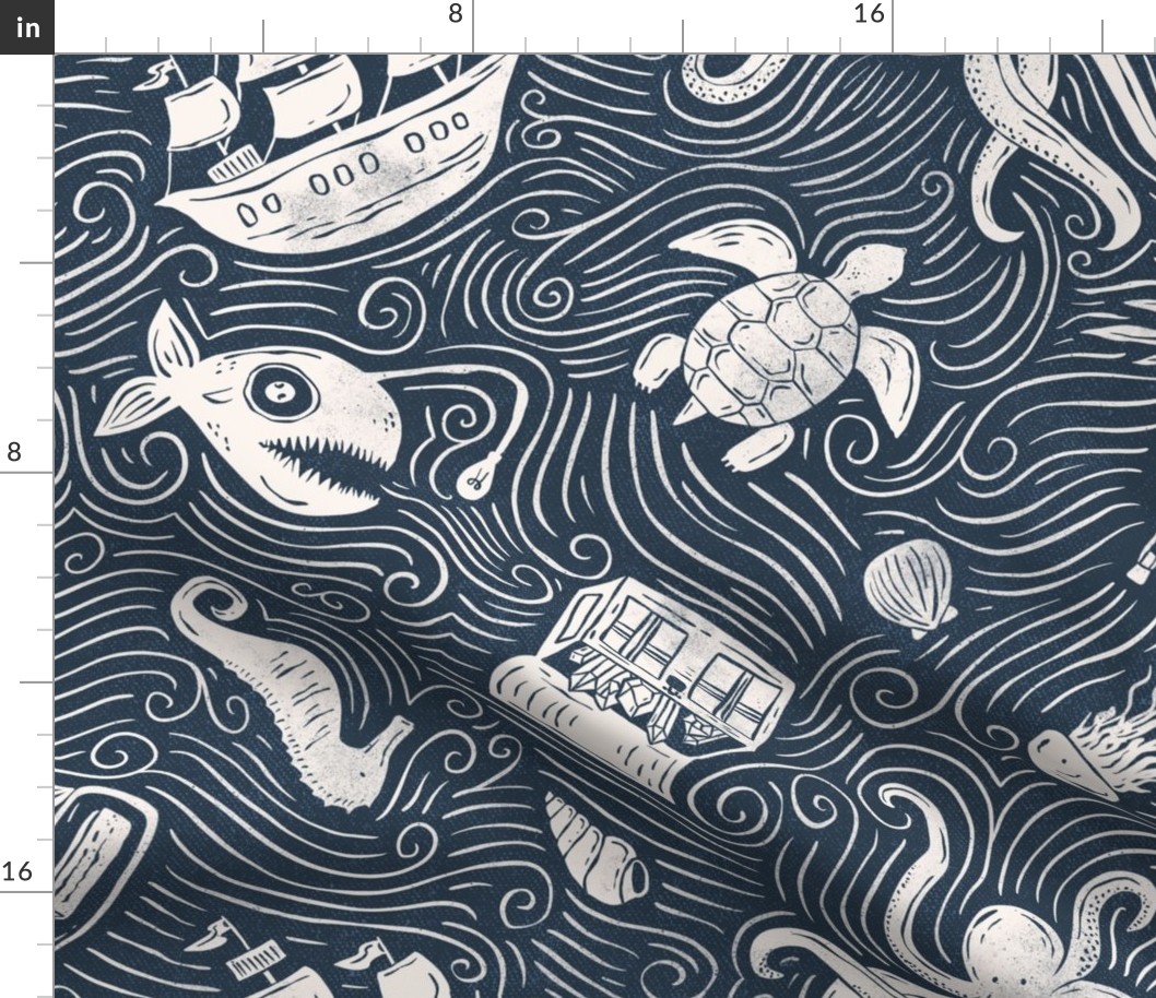 Underwater Ocean Adventure - navy and cream textured block print - large
