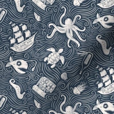 Underwater Ocean Adventure - navy and cream textured block print - small