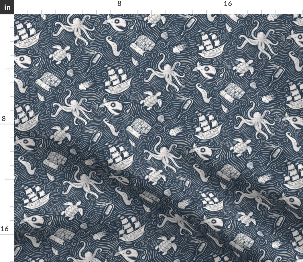 Underwater Ocean Adventure - navy and cream textured block print - small