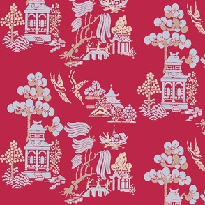 Chinoiserie Villages tan and viva magenta