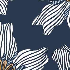 Large white lily flowers on navy blue 