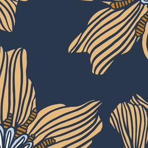 Large apricot yellow lily flowers on navy blue 