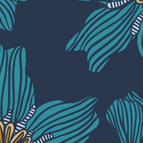 Large teal lily flowers on navy blue 