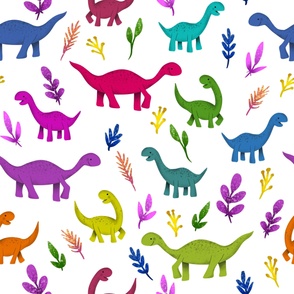 Large - Sweet Rainbow Dinos with Plants on White