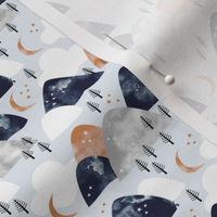 Watercolors mountain Range and winter trees moon clouds and stars baby blue navy gold SMALL 