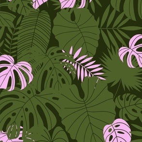 Dark green and pink tropical leaves large scale