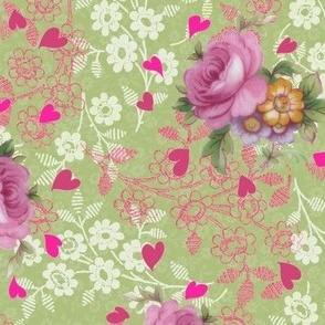 lace flowers-roses-hearts green