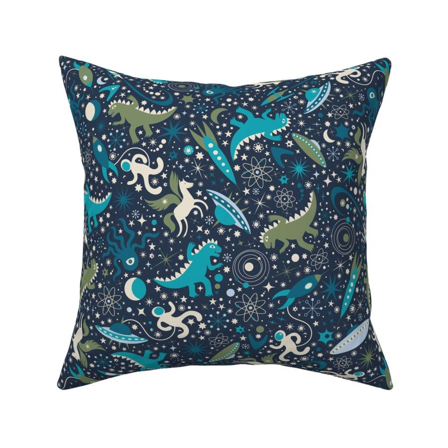 Space Adventure with Monsters - Turquoise on Navy - Medium Scale