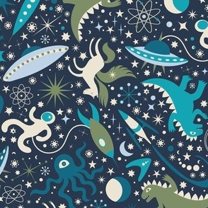 Space Adventure with Monsters - Turquoise on Navy - Medium Scale