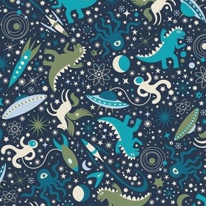 Space Adventure with Monsters - Turquoise on Navy - Medium/Small scale