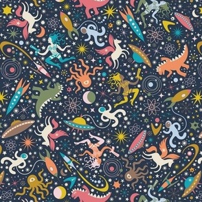 Midcentury Space Adventures Ditsy -  Pastels on Navy - Small Scale - Petal Solid Coordinate