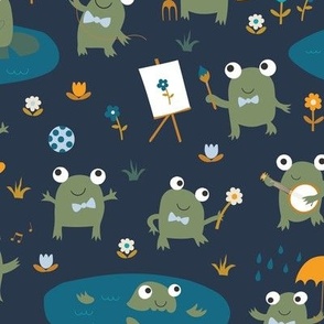 Froggy Fun - Sage and Teal on Navy - Medium scale - Petal Solid Coordinate