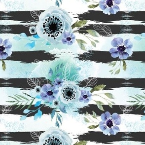 Watercolor flowers on striped background in navy blue. Seamless floral pattern 