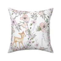 Watercolor baby deers forest woodland animals with pink flowers illustration pattern